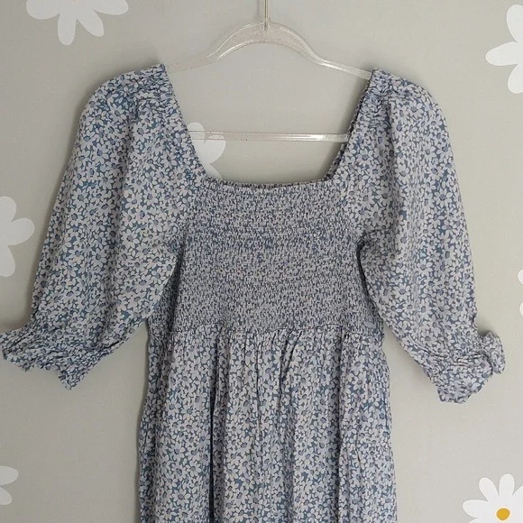 Madewell Lucie Elbow-Sleeve Smocked Midi Dress In Sunflower Field Ocean Blue - Picture 7 of 15